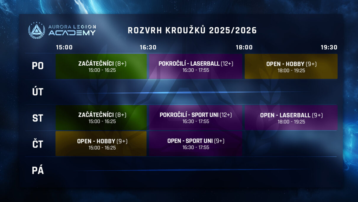 krouzky_1pol25-26 Rozvrh sportovních kroužků lasergame Aurora LEGION Academy pro sezónu 2025/2026